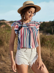 Striped Flutter Sleeve Tied Blouse - Flyclothing LLC