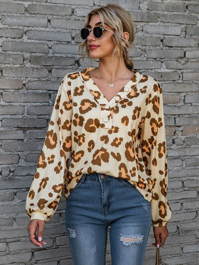 Leopard V-Neck Decorative Button Long Sleeve Blouse - Flyclothing LLC