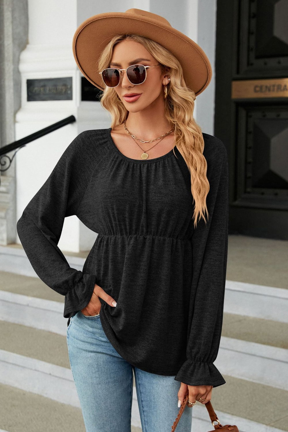 Round Neck Flounce Sleeve Blouse - Flyclothing LLC