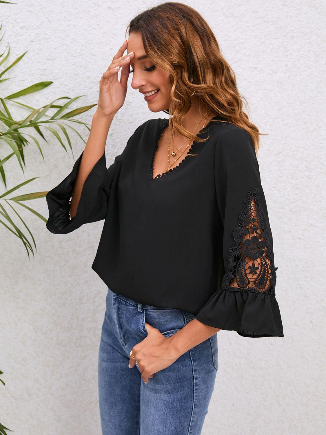 V-Neck Lace Detail Flounce Sleeve Blouse - Flyclothing LLC