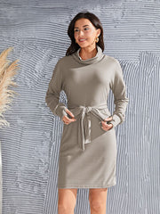 Tie-Waist Turtleneck Long Sleeve Dress - Flyclothing LLC