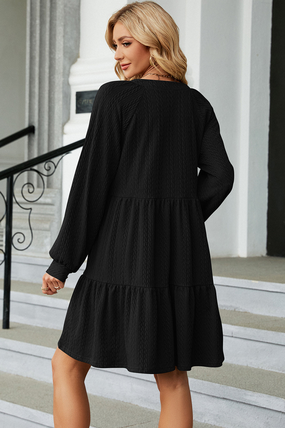 Ruched Notched Long Sleeve Mini Dress - Flyclothing LLC