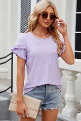 Eyelet Round Neck Petal Sleeve T-Shirt - Flyclothing LLC