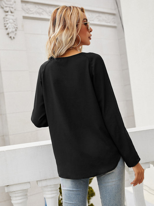 Tie Neck Long Sleeve Semi-Sheer Blouse - Flyclothing LLC