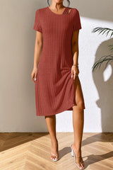 Ribbed Asymmetrical Neck Short Sleeve Dress - Flyclothing LLC