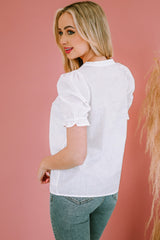 Embroidered Notched Neck Flounce Sleeve Top - Flyclothing LLC