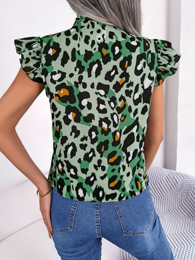 Leopard Tie Neck Cap Sleeve Blouse - Flyclothing LLC