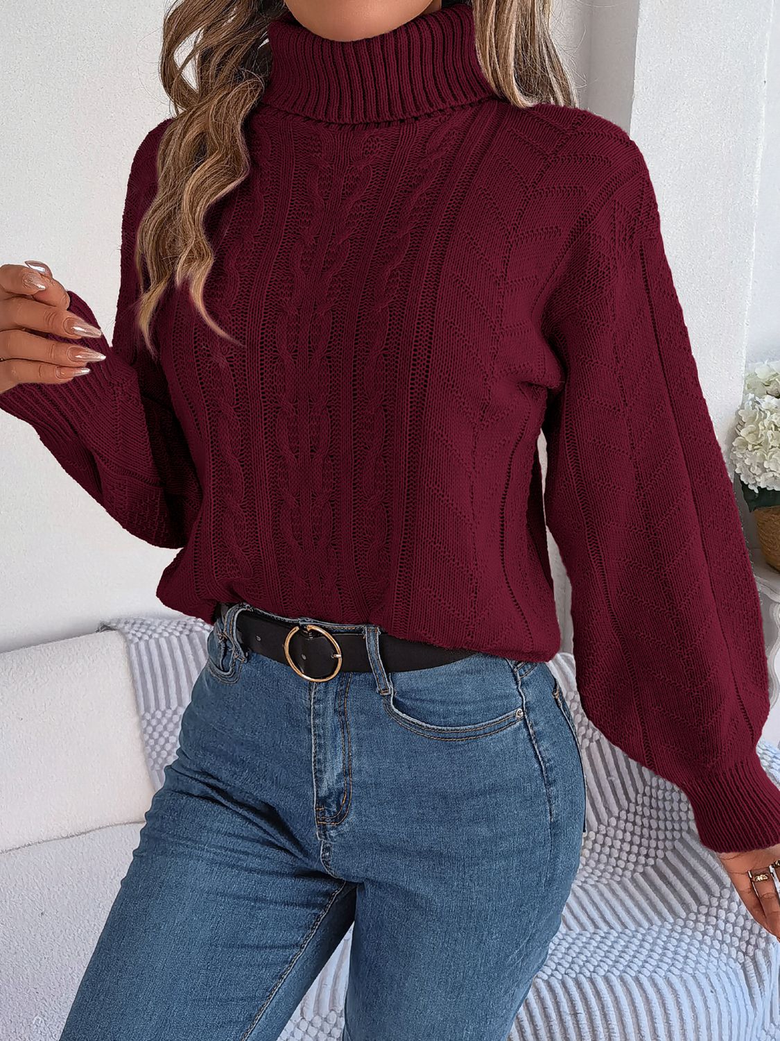 Cable-Knit Turtleneck Sweater - Flyclothing LLC