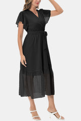 Surplice Neck Flutter Sleeve Tied Dress - Flyclothing LLC