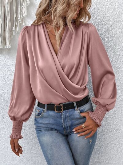 Surplice Smocked Lantern Sleeve Blouse - Flyclothing LLC