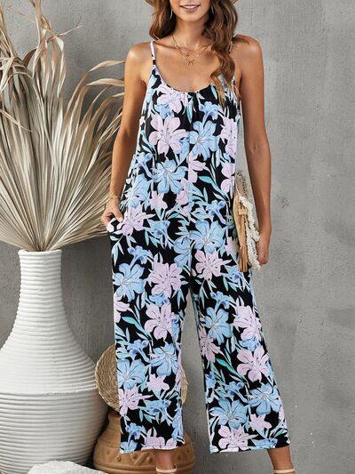 Printed Spaghetti Strap Jumpsuit with Pockets - Flyclothing LLC