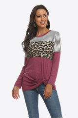 Mixed Print Gathered Detail Long Sleeve Top - Flyclothing LLC