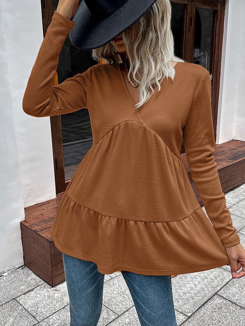 Waffle-knit V-Neck Long Sleeve Blouse - Flyclothing LLC