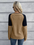 Contrast Buttoned Round Neck Raglan Sleeve Top - Flyclothing LLC