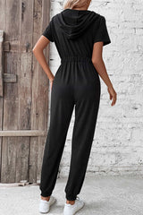 Zip-Up Short Sleeve Hooded Jumpsuit with Pockets - Flyclothing LLC