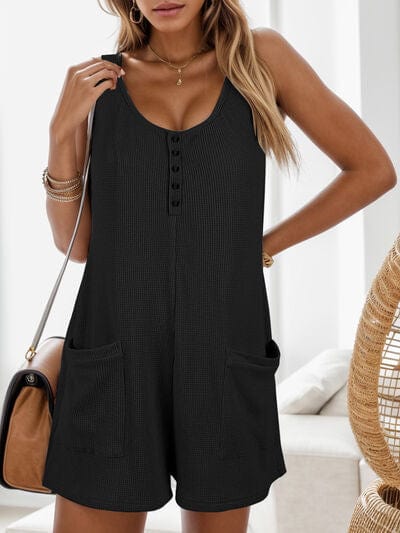 Waffle-Knit Scoop Neck Wide Strap Romper - Flyclothing LLC