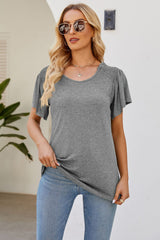 Smocked Round Neck Flutter Sleeve T-Shirt - Flyclothing LLC