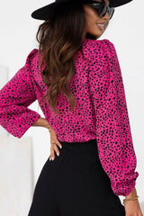 Leopard Round Neck Balloon Sleeve Blouse - Flyclothing LLC