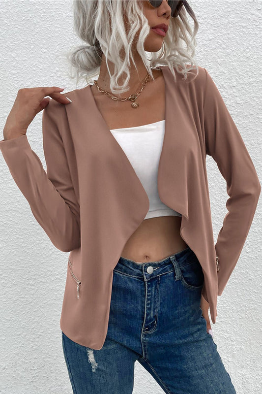 Open Front Zipper Pocket Cardigan - Flyclothing LLC