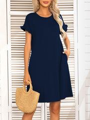 Round Neck Flounce Sleeve Dress with Pockets - Flyclothing LLC