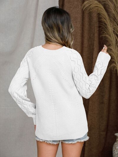 Openwork Round Neck Raglan Sleeve Sweater - Flyclothing LLC