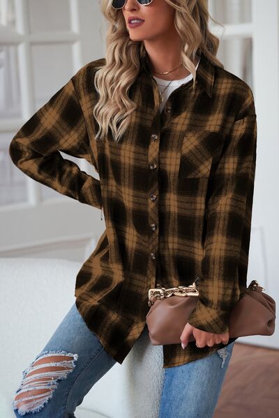 Plaid Button Up Dropped Shoulder Outerwear - Flyclothing LLC