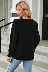 Round Neck Smocked Flounce Sleeve Blouse - Flyclothing LLC