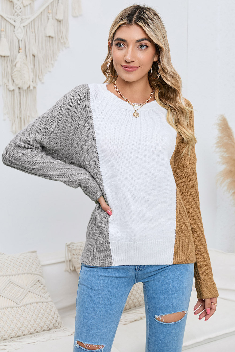 Contrast Color Dropped Shoulder Sweater - Flyclothing LLC