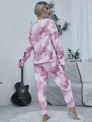 Tie-dye Round Neck Top and Drawstring Pants Lounge Set - Flyclothing LLC