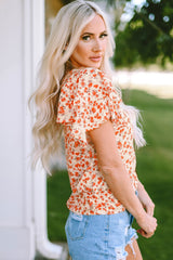 Floral Round Neck Flutter Sleeve Blouse - Flyclothing LLC