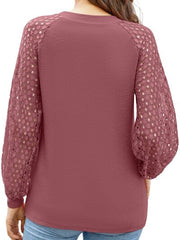 Full Size Eyelet Round Neck Long Sleeve T-Shirt - Flyclothing LLC