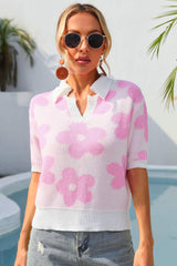 Floral Johnny Collar Half Sleeve Knit Top - Flyclothing LLC