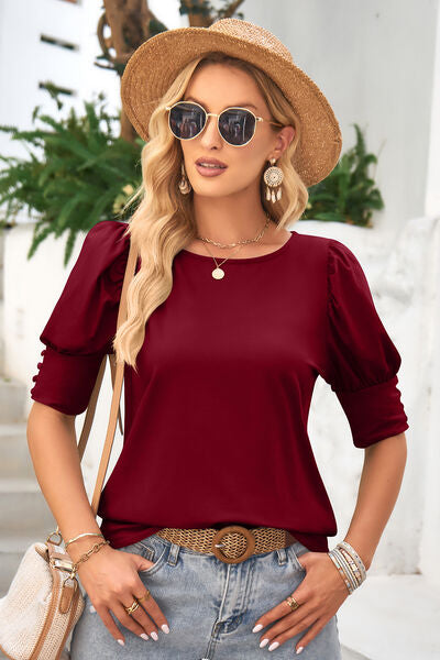 Round Neck Lantern Sleeve Blouse - Flyclothing LLC