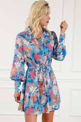 Floral Tie Waist Lantern Sleeve Ruffled Hem Mini Dress - Flyclothing LLC