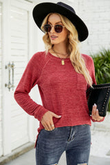 Heathered Slit Long Raglan Sleeve Top - Trendsi