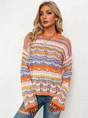 Rainbow Stripe Openwork Flare Sleeve Knit Top - Flyclothing LLC