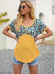 Leopard Waffle-Knit Short Sleeve Top - Trendsi