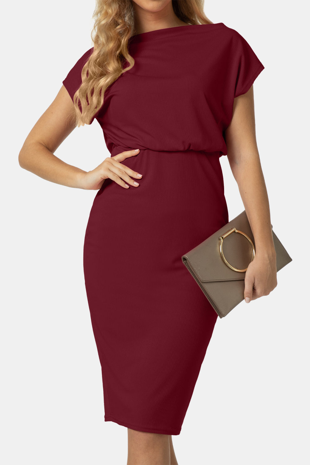 Boat Neck Short Sleeve Knee-Length Dress - Flyclothing LLC