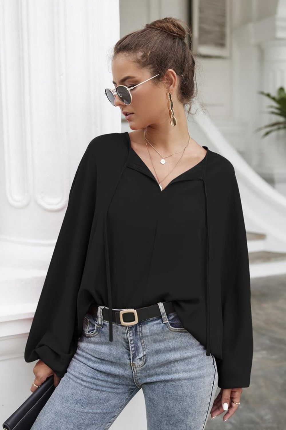 Tie Neck Balloon Sleeve Blouse - Flyclothing LLC