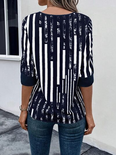 Striped Notched Half Sleeve Blouse - Flyclothing LLC