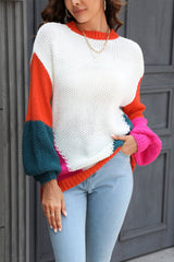 Color Block Round Neck Drop Shoulder Sweater - Flyclothing LLC