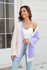 Open Front Contrast Color Balloon Sleeve Cardigan - Flyclothing LLC