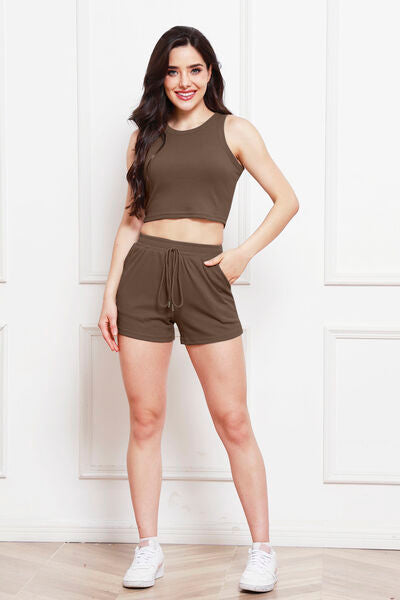 Round Neck Tank and Drawstring Shorts Set - Flyclothing LLC