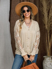 Eyelet Button Up Lantern Sleeve Cardigan - Trendsi