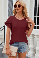 Eyelet Round Neck Petal Sleeve T-Shirt - Flyclothing LLC