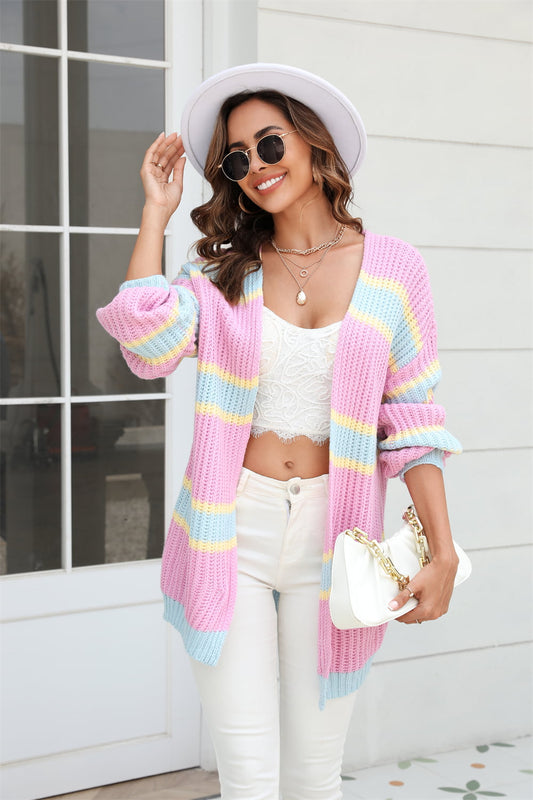 Color Block Ribbed Dropped Shoulder Open Front Cardigan - Trendsi