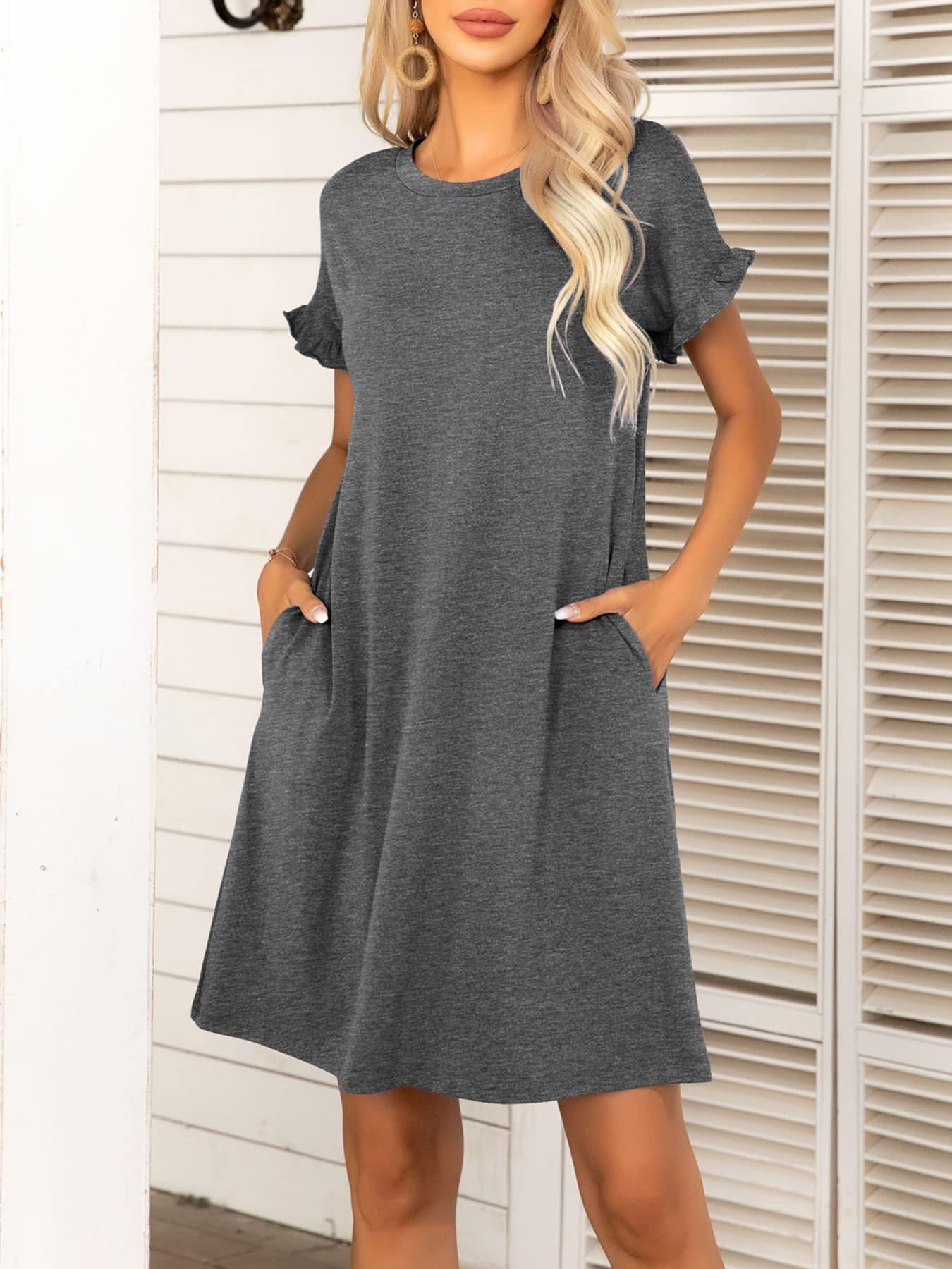 Round Neck Flounce Sleeve Dress with Pockets - Flyclothing LLC