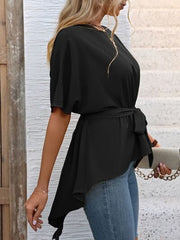 Tied Round Neck Half Sleeve Blouse - Flyclothing LLC