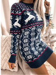 Reindeer & Snowflake Round Neck Sweater Dress - Flyclothing LLC