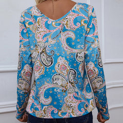 Printed V-Neck Long Sleeve Blouse - Flyclothing LLC